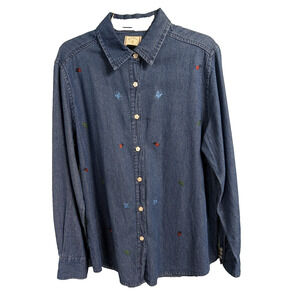 Wrangler for Women Floral Ladybug Embroidered Dark Denim Button Up Shirt Size L